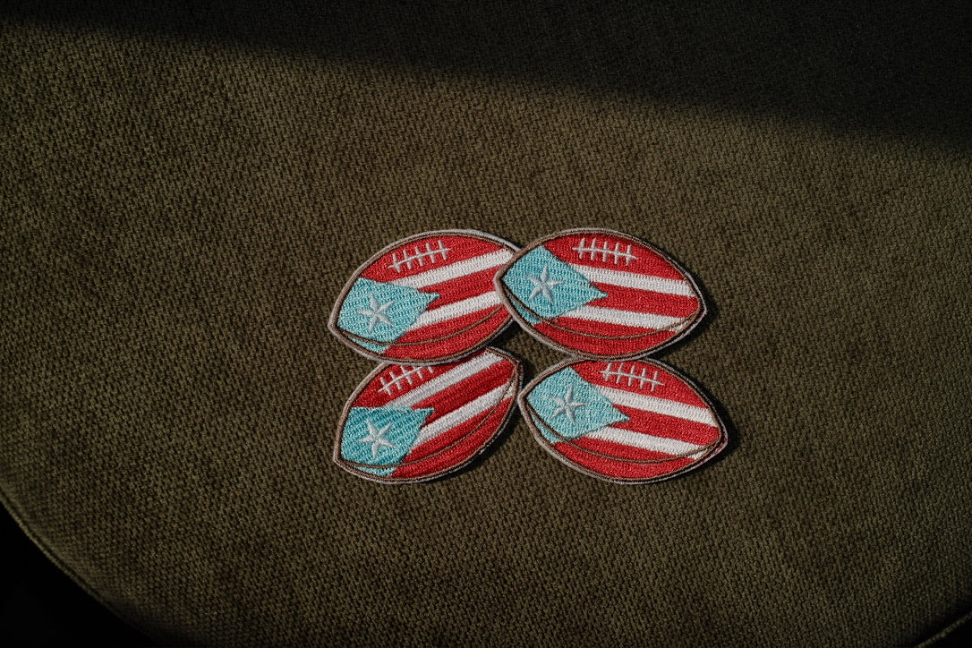 Puerto Rico flag football embroidered patch

Puerto Rican football iron-on patch

Boricua football patch embroidery detail

Puerto Rico football patch displayed on a jersey

Football patch iron-on and sew-on backing options